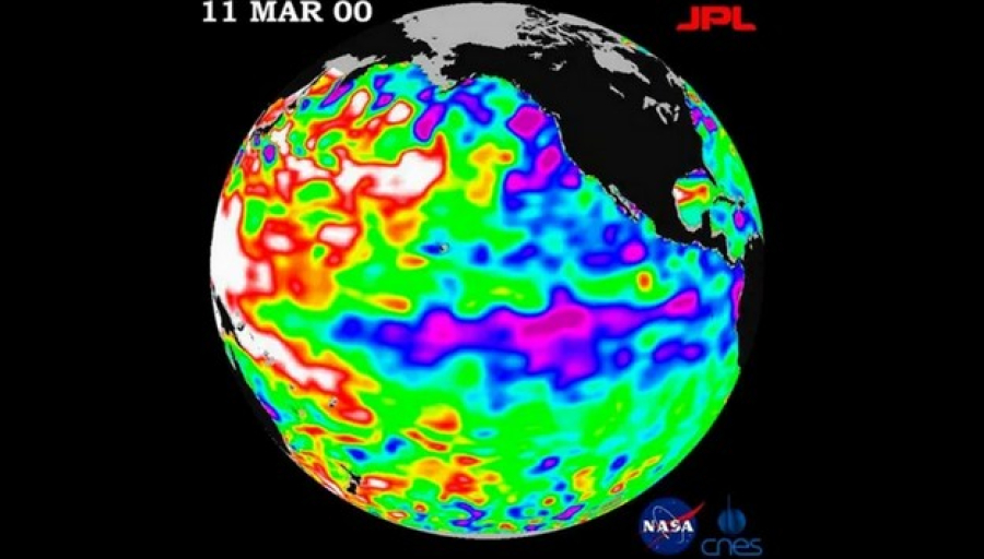 Imagem da Nasa, a agência especial dos Estados Unidos, mostra o El Niño como uma mancha roxa no ano 2000.
